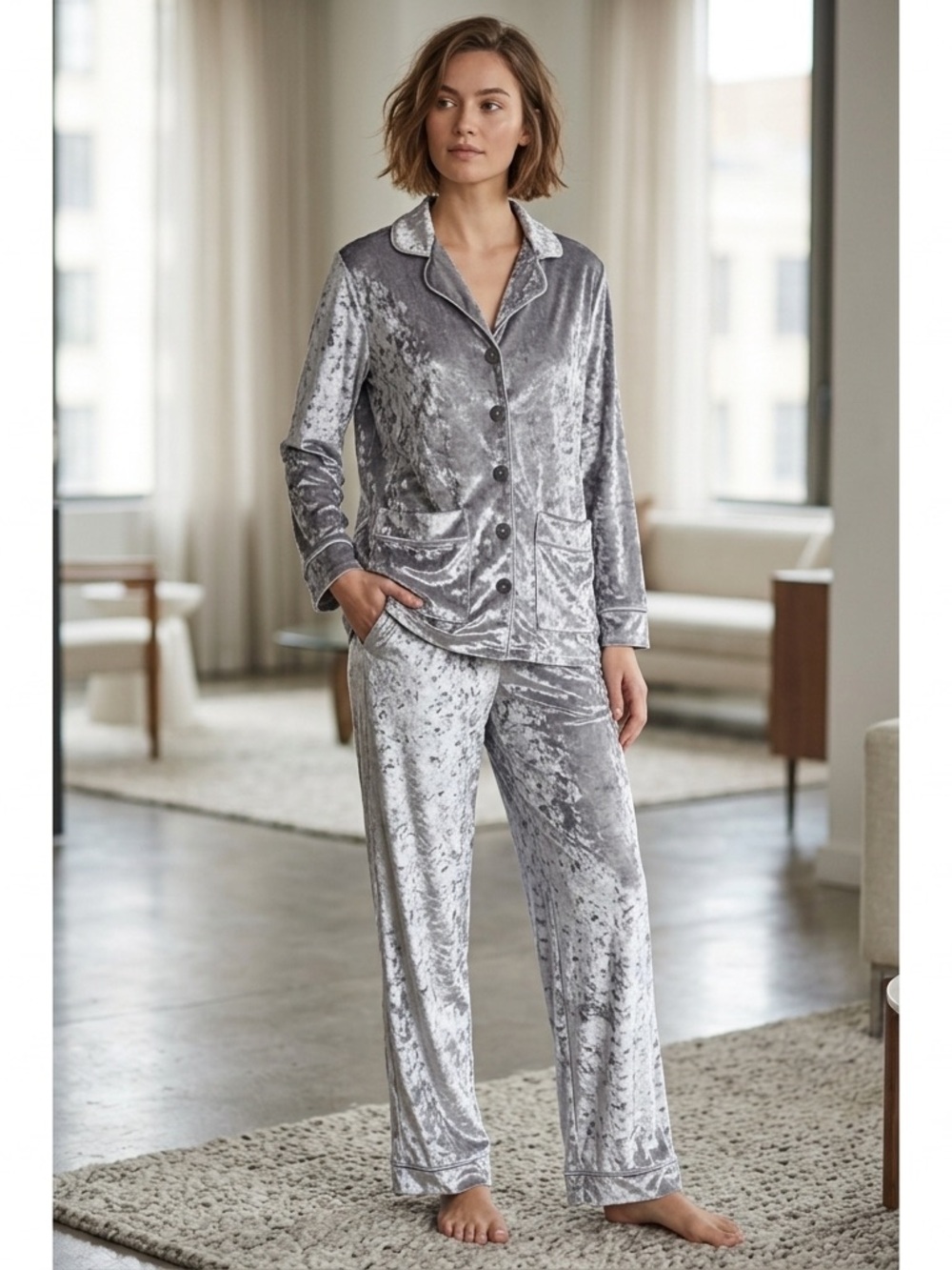 Aimee Kestenberg Silver Crushed Velvet Pajama Lounge Set Size S